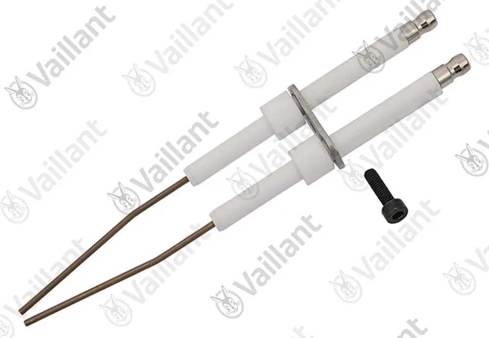 Vaillant-Zündungselektrode mit zwei metallischen Stäben und isolierenden Haltern, abgebildet auf weißem Hintergrund. Ein Befestigungsschraube ist ebenfalls sichtbar.